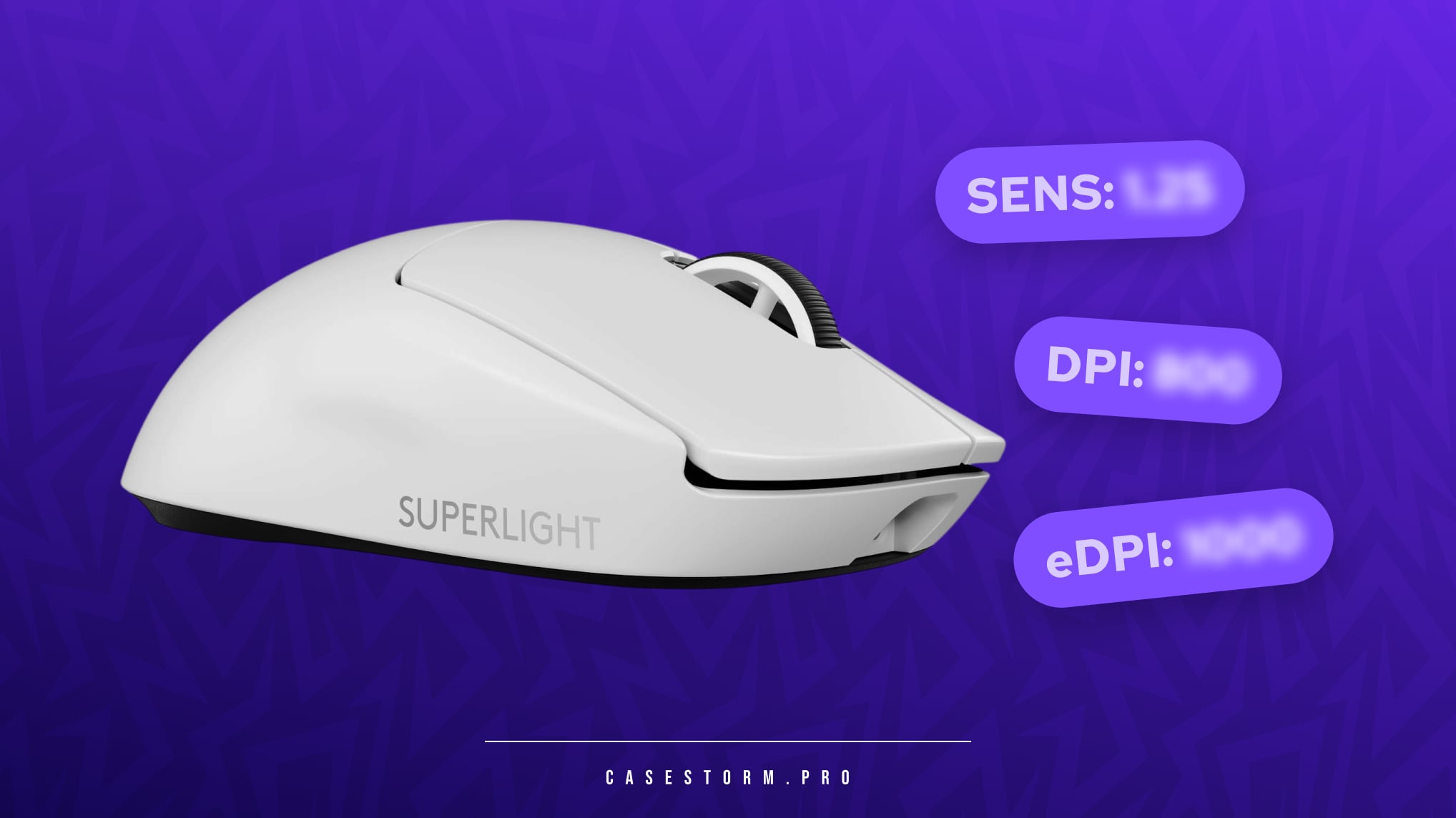 White Logitech G Pro X Superlight gaming mouse on a purple background with blurred CS2 settings indicators for Sens, DPI, and eDPI.